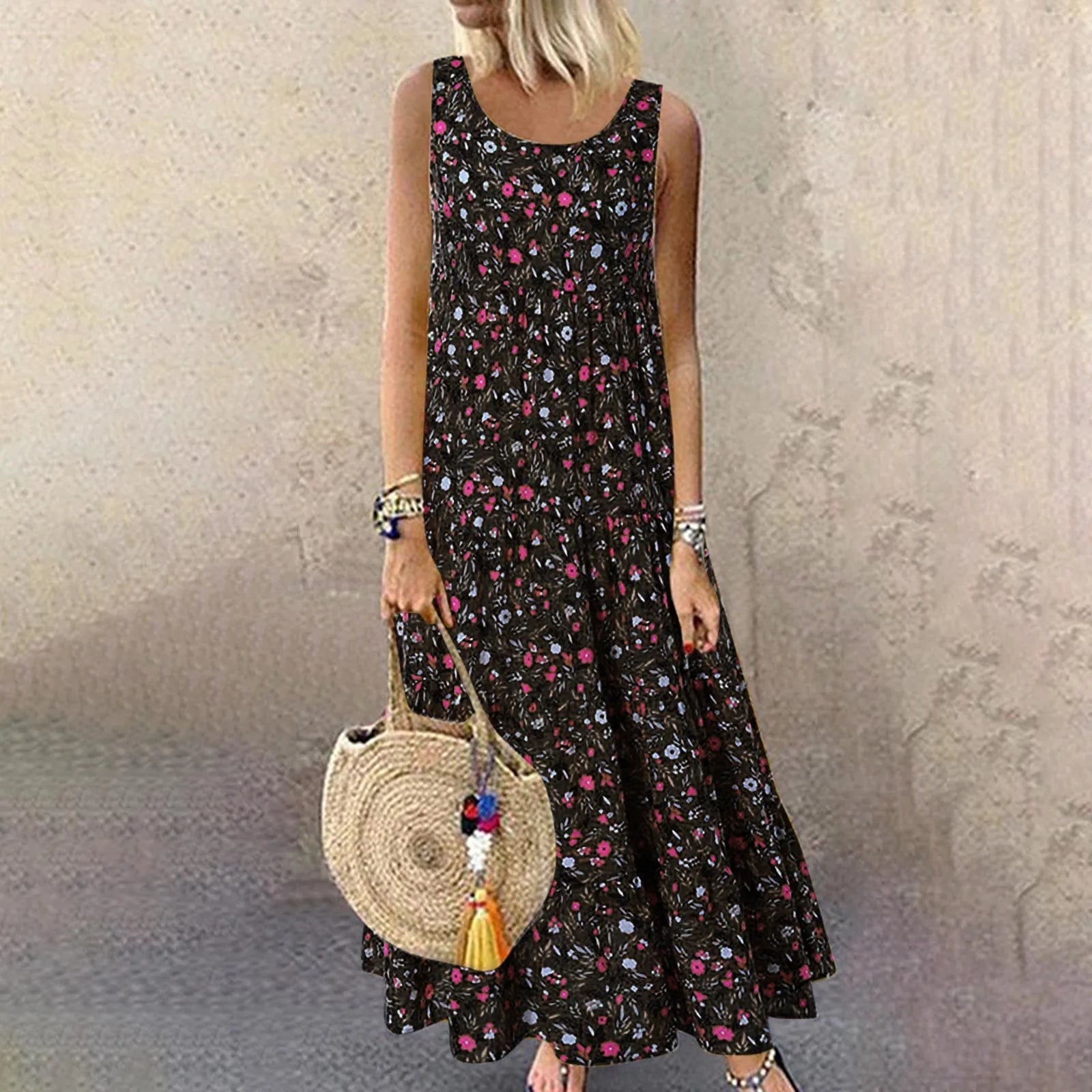 Women Plus Size Tank Dresses Vintage Bohemian Floral Print Sleeveless Long Dresses Women's Summer Loose Sundress Ropa De Mujer