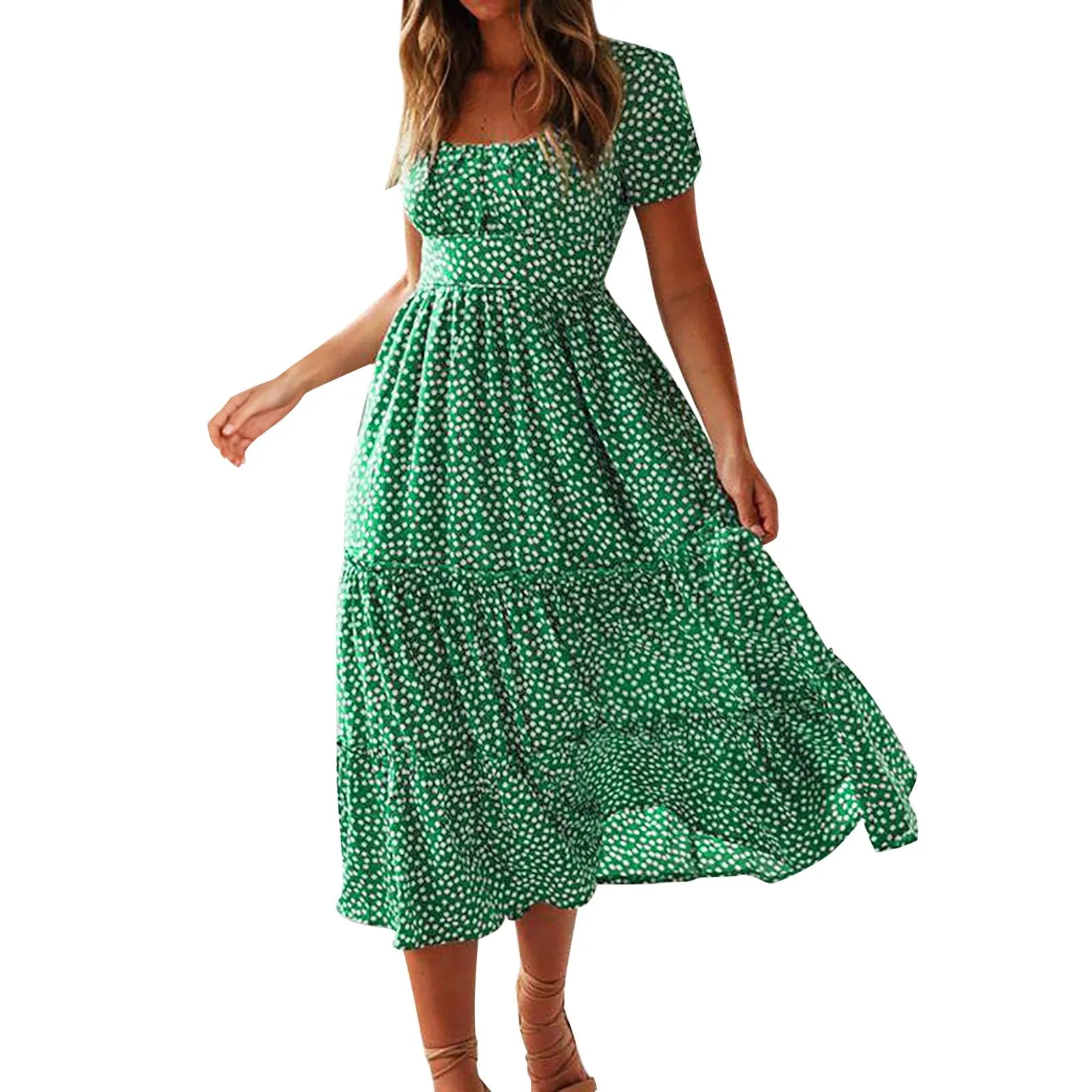 Women Chiffon Casual Dresses A Line Dot Print Square Neck Short Sleeve Dress For Women Summer Floral Beach Party Dresses Woman