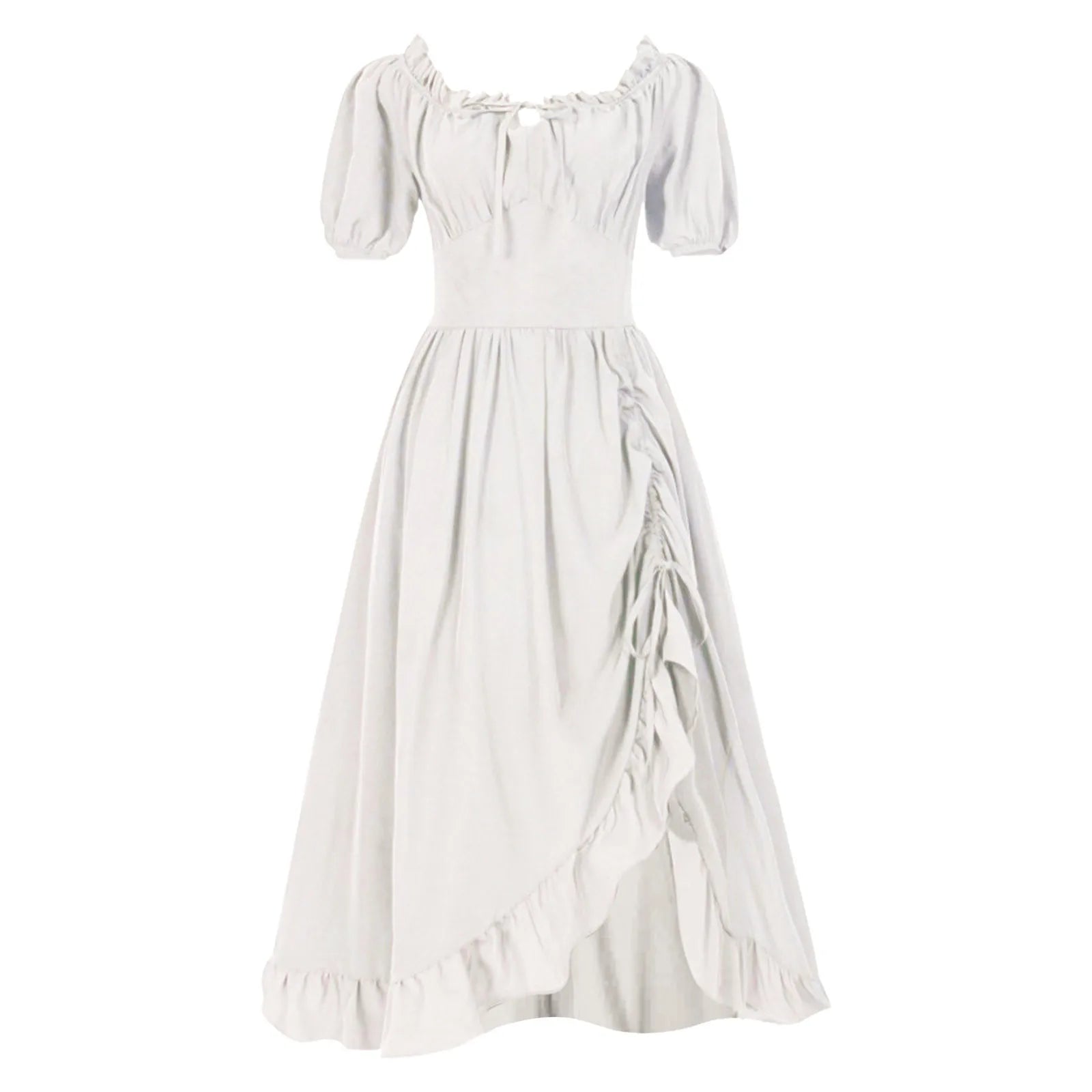 Women Waisted Party Dresses A Line Short Sleeve Square Neck Long Dresses Ruffle Lace Up Tunic Dress Drawstring Medieval Costumes