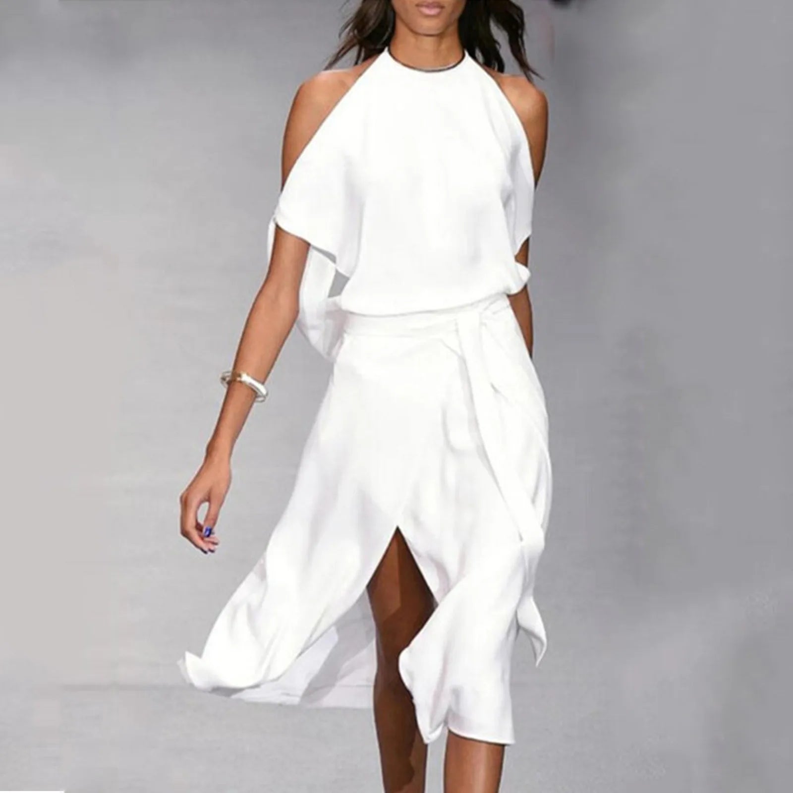 Elegant Sleeveless Split Long Dresses Women Streetwear Ruffles Temperament Dresses Summer Lace Up Waisted Tunic Dress Vestidos