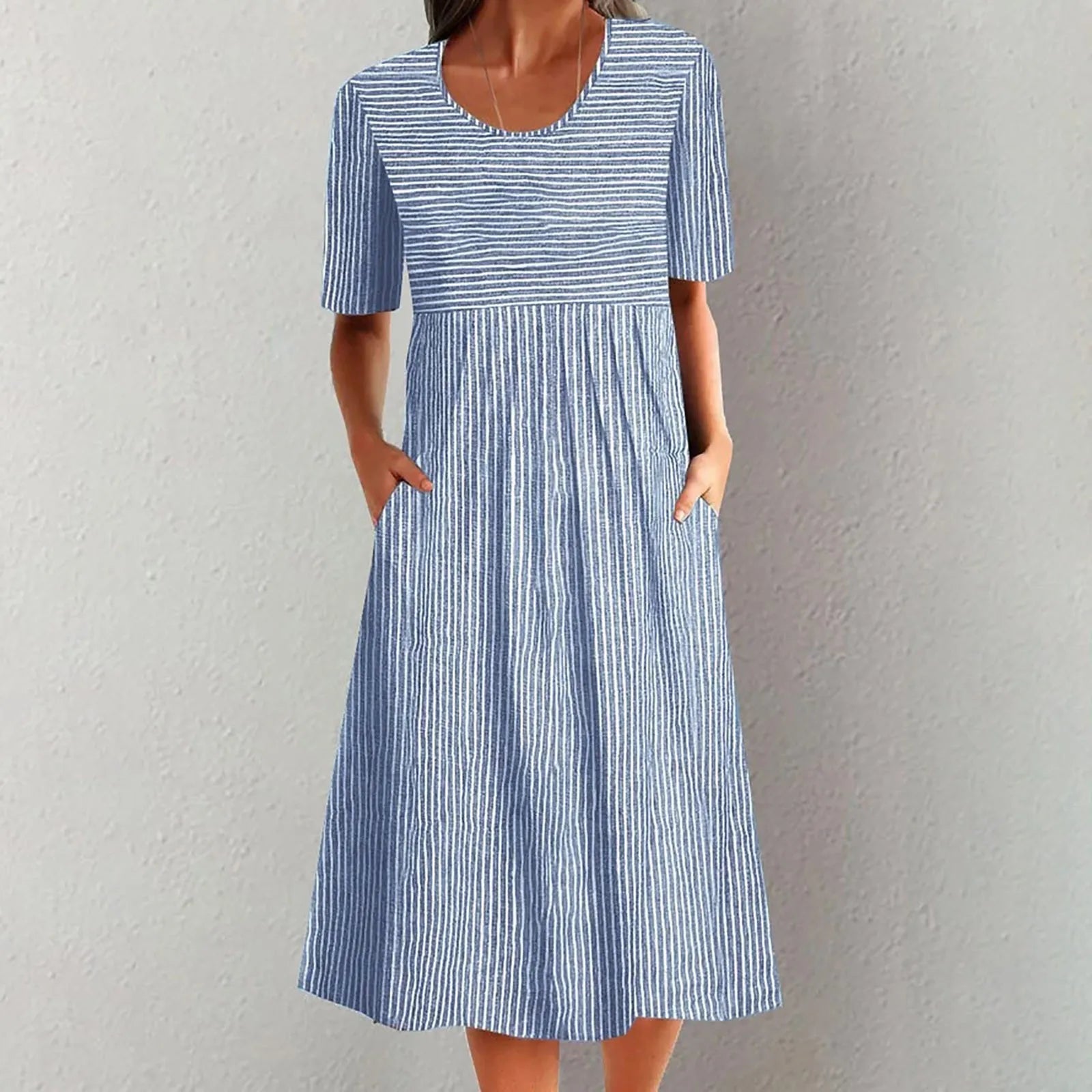 Women Striped Casual Long Dresses Loose Fit Round Neck Maxi Dresses For Women A Line Half Sleeve Pleated Sundress With Pocket