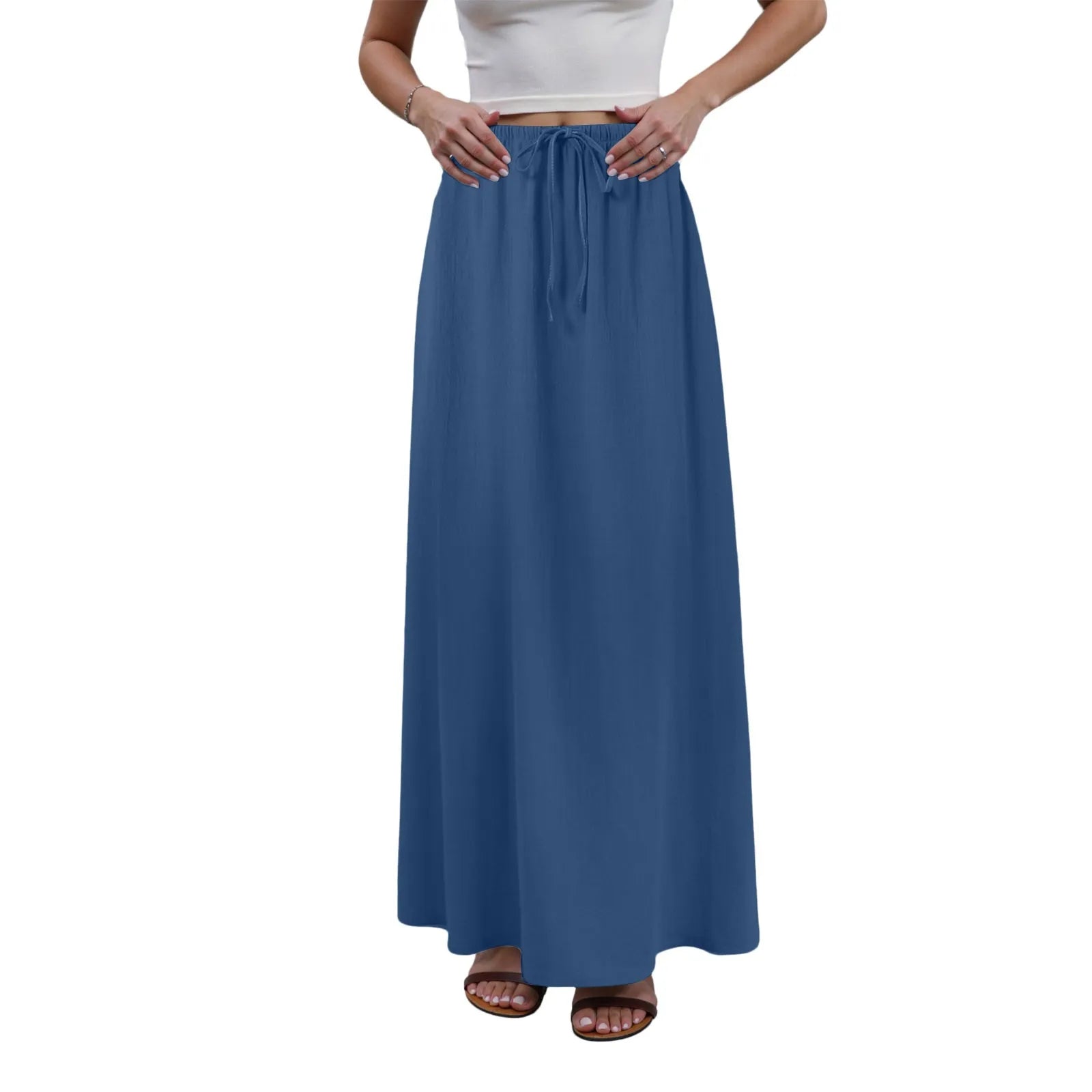 Cotton Linen Maxi Skirts For Women Trendy Summer Drawstring Waisted A Line Long Skirts Beach Vacation Boho Long Flowy Skirts