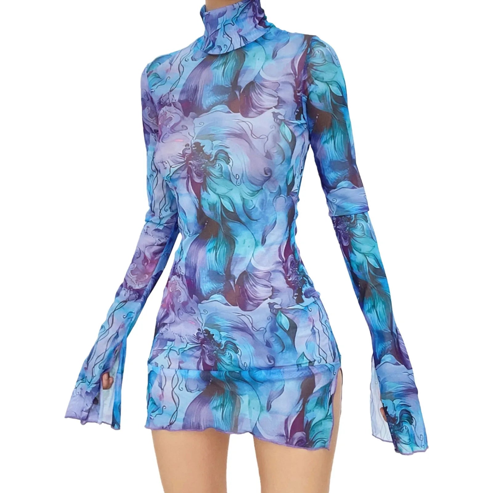 Sheer Mesh Floral Print Sexy Dress Women's Boho Style Side Open Hip Short Dresses Casual Cover Ups Beach Party Dresses For Women