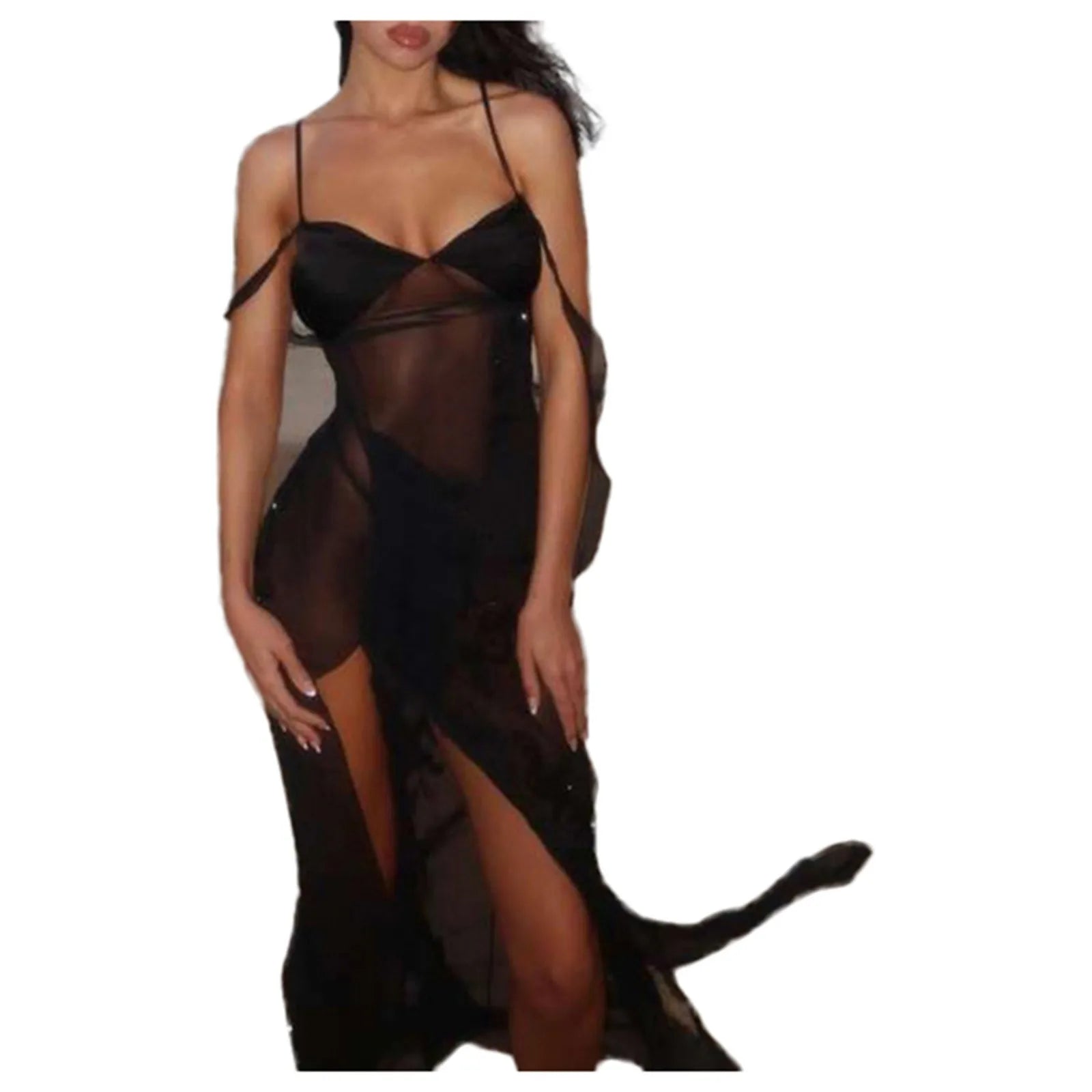 Elegant Party Dresses Woman Sexy See Through Mesh Asymmetric Strap Long Dress For Women Y2k Clothing Bodycon Beach Maxi Dresses