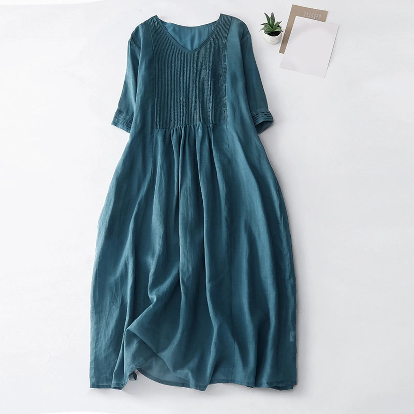 Women's Solid Cotton Linen Long Dresses A Line V Neck Pleated Short Sleeve Maxi Dresses With Pocket Summer Retro Sundress платье