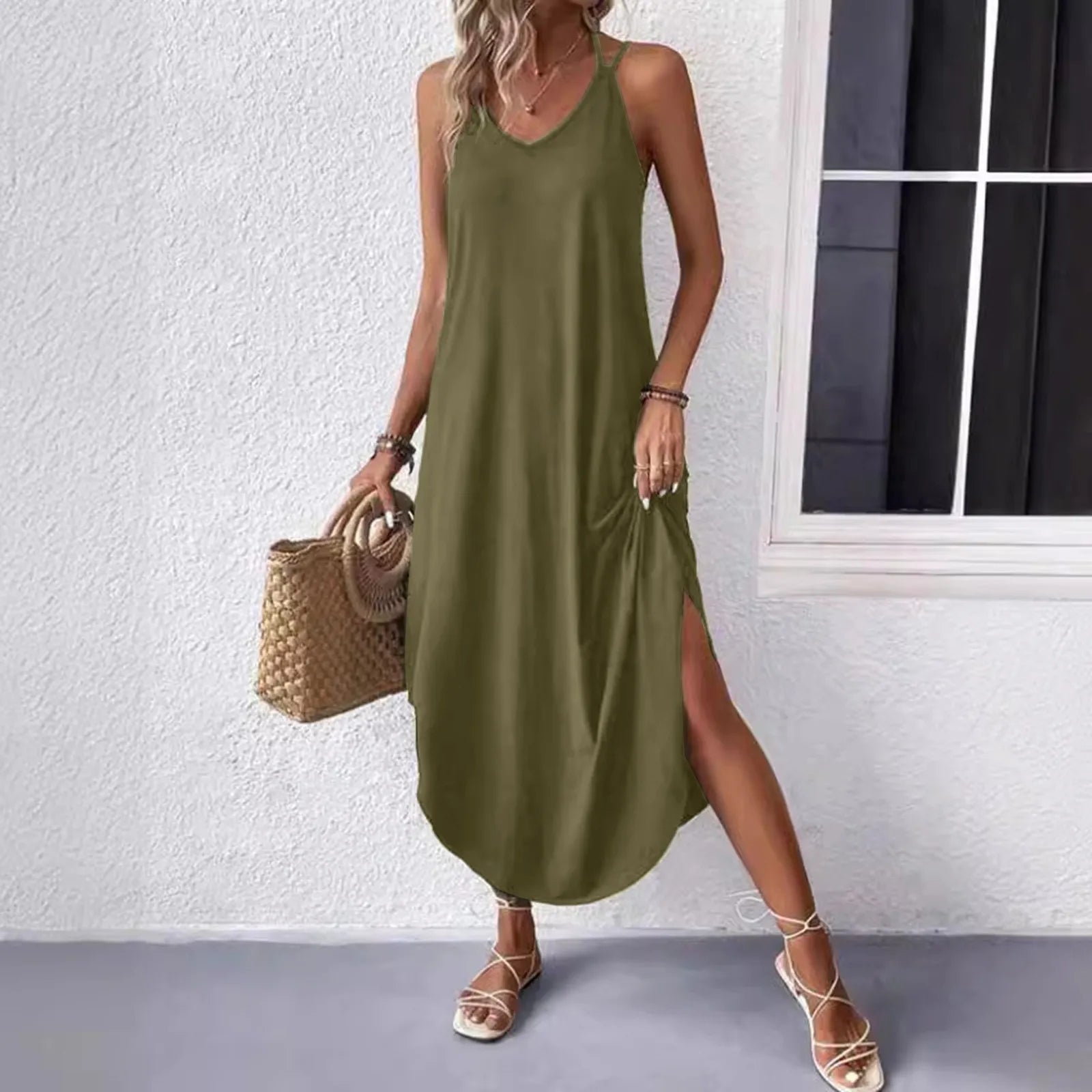 Women Solid Color Tank Midi Dress Curved Hem Spaghetti Strap Streetwear Dresses Ladies Slim Straight Slip Dress Ropa De Mujer