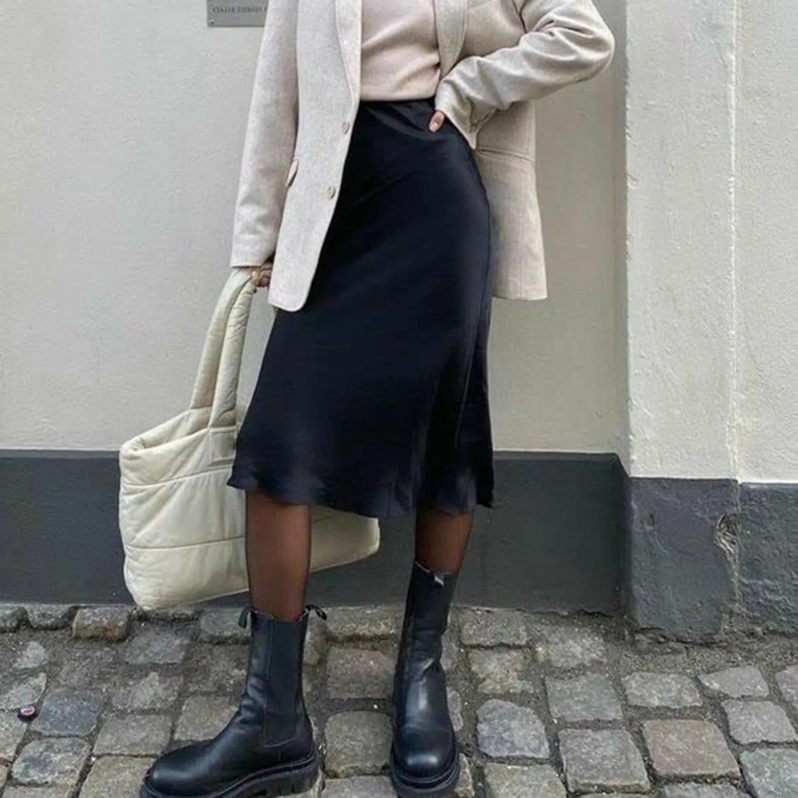 Elegant Midi Satin Skirts For Women Solid Color Elastic High Waist Midi Skirt Streetwear Korean Fashion A Bottomed Pencil Skirt