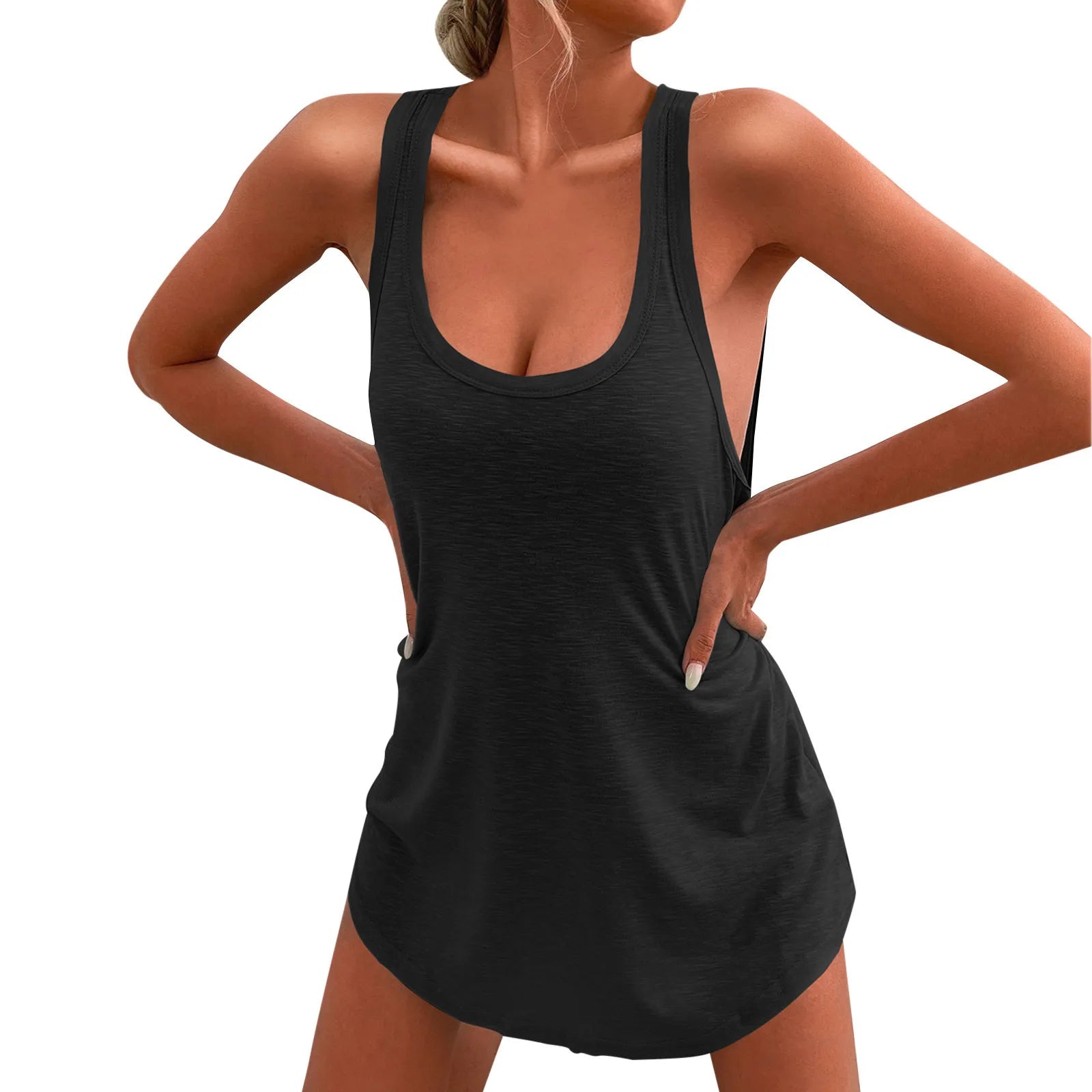 Women Summer Plus Size Tank Dresses Solid Color U Neck Cotton Mini Dress Irregular Hem Dress Off Shoulder Beach Tunic Dress