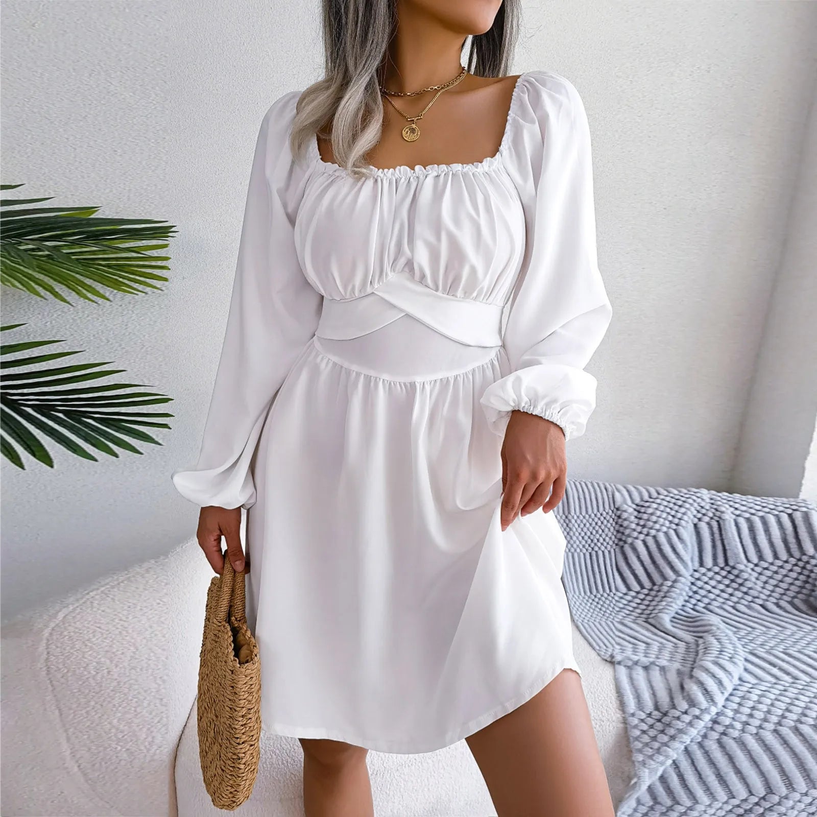 Casual White Dresses Women Square Neck Long Sleeve Ruched Long Sleeve Dresses For Women Solid Color Hot Silk A Line Vestidos