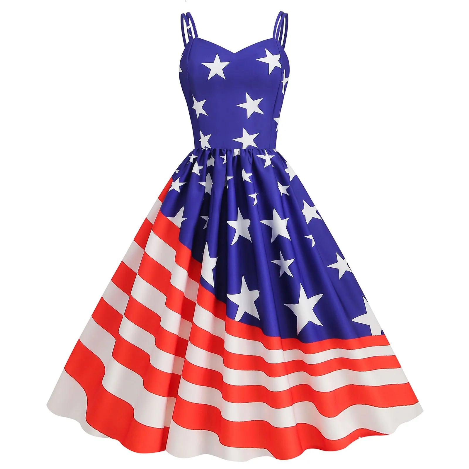 Women's American Flag Print Long Dresses Independence Day Female Summer Sexy Suspender Large Swing Dresses Party Sexy Dress