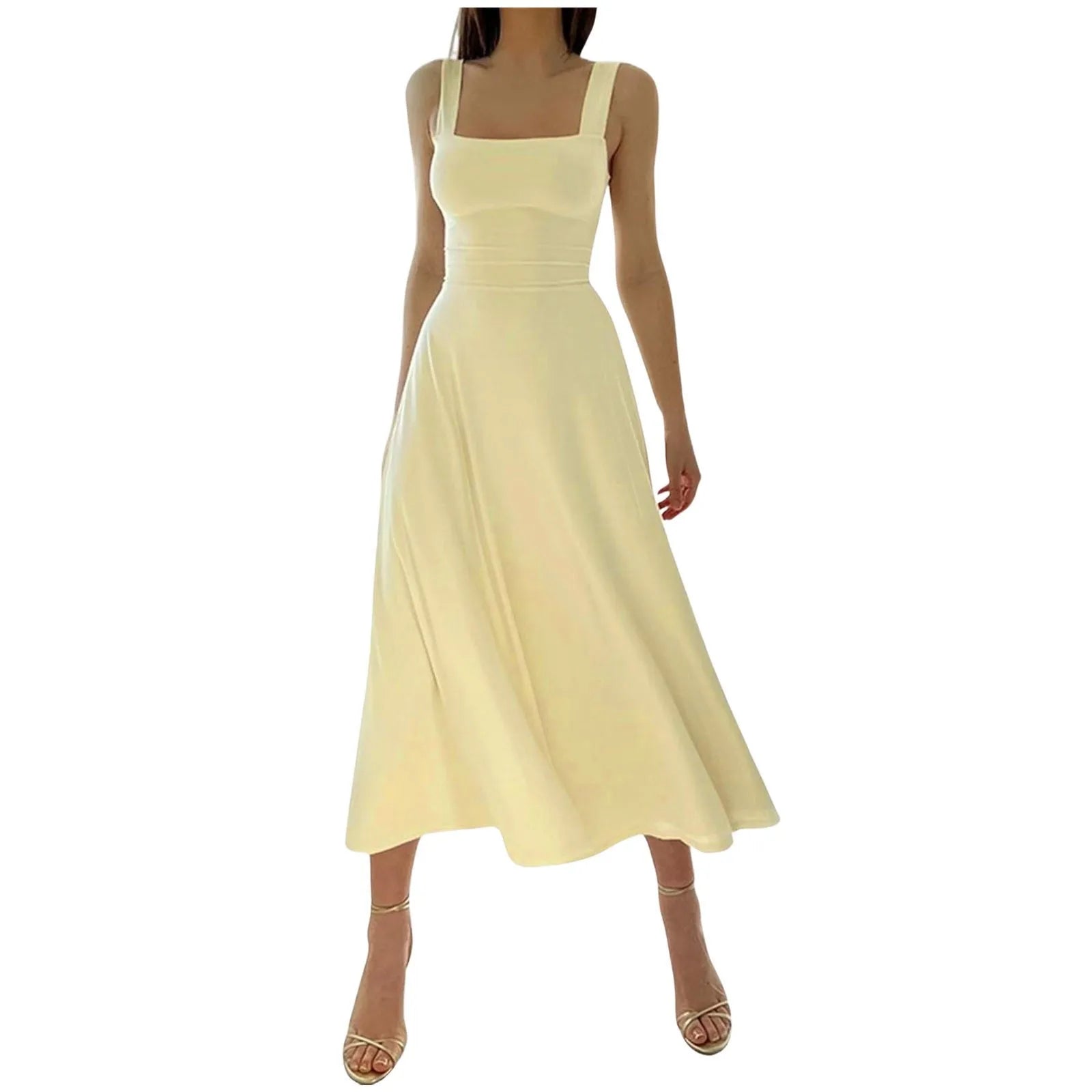 Women's Thick Strap Long Dresses Casual Square Neck Solid Skinny Tank Dresses Summer Stretch High Waist Dresses Ropa De Mujer