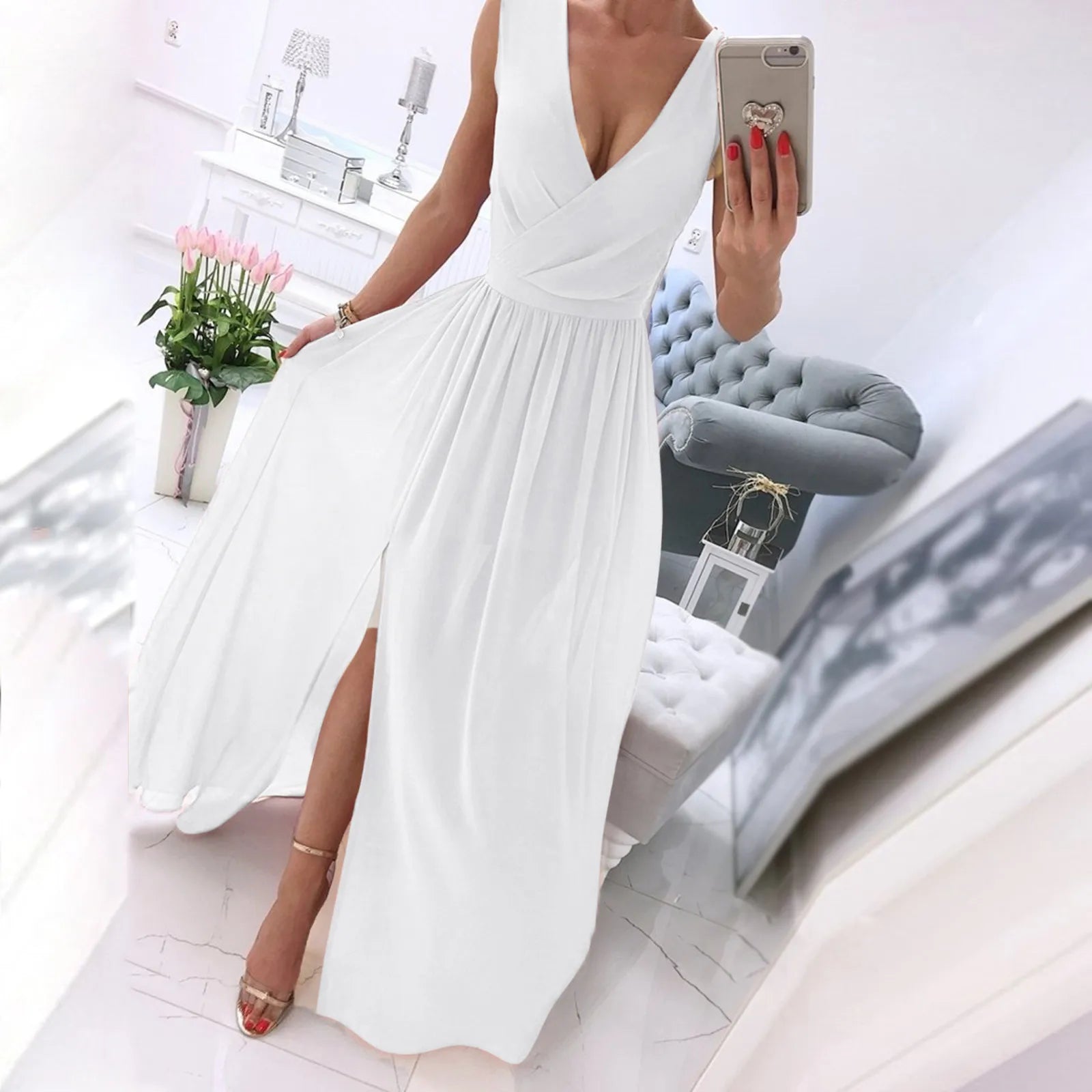 Summer Beach Sexy White Dresses Women V-Neck Split A-Line Long Dresses Sexy Sleeveless Chiffon Dress Evening Prom Dresses платье