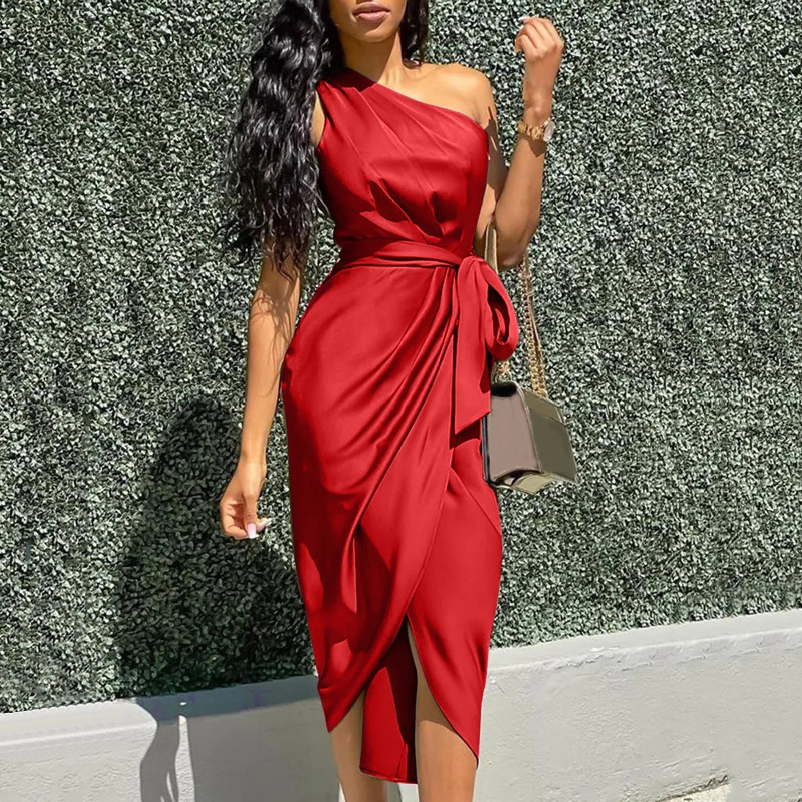 Elegant One Shoulder Satin Evening Dresses For Women Slim Tie Up Wedding Party Bridesmaid Dress Fashion Sleeveless Formal Dress