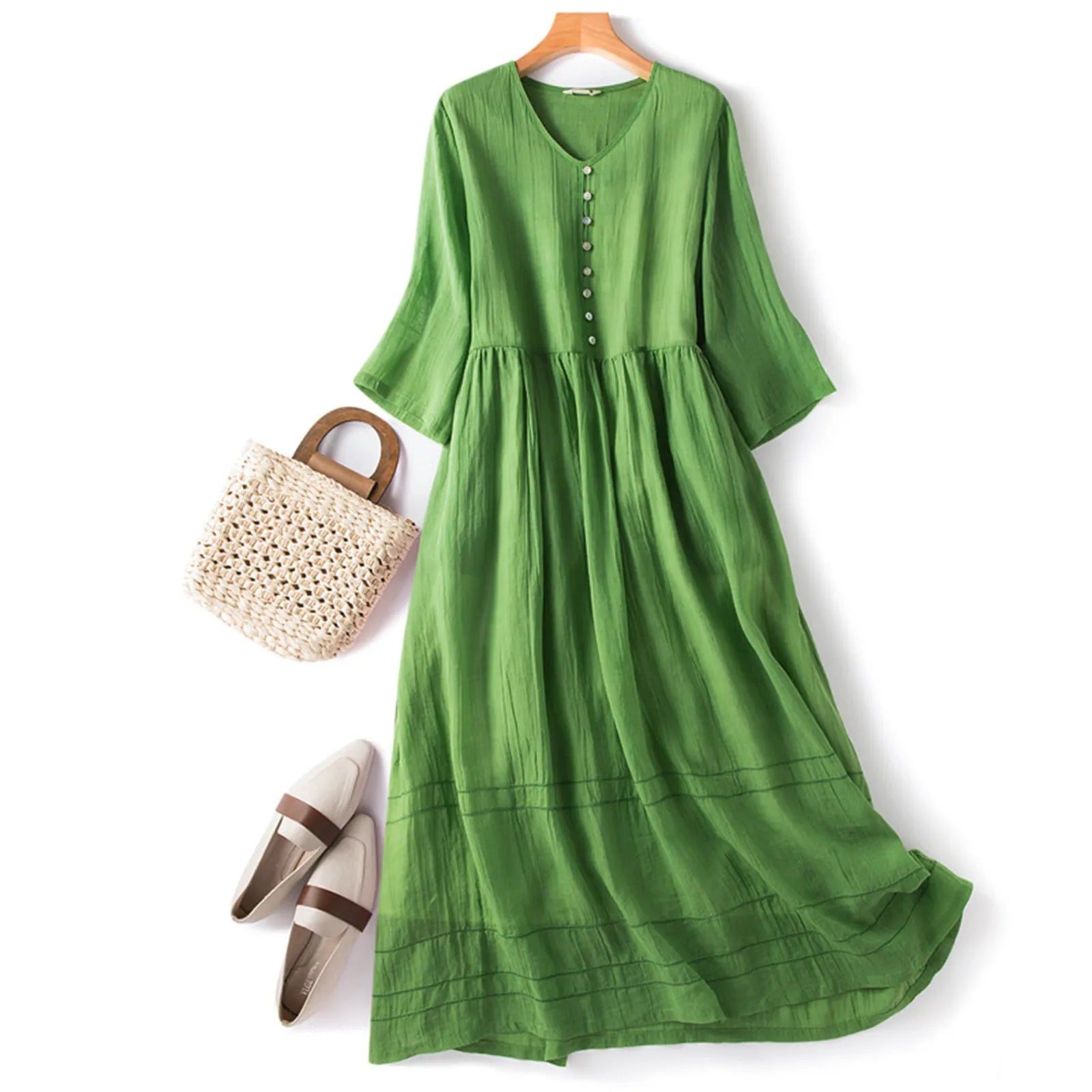 Women Summer White Dresses A Line Half Sleeve Casual Button Loose Long Dresses Elegant V Neck Cotton Linen Maxi Dress For Women