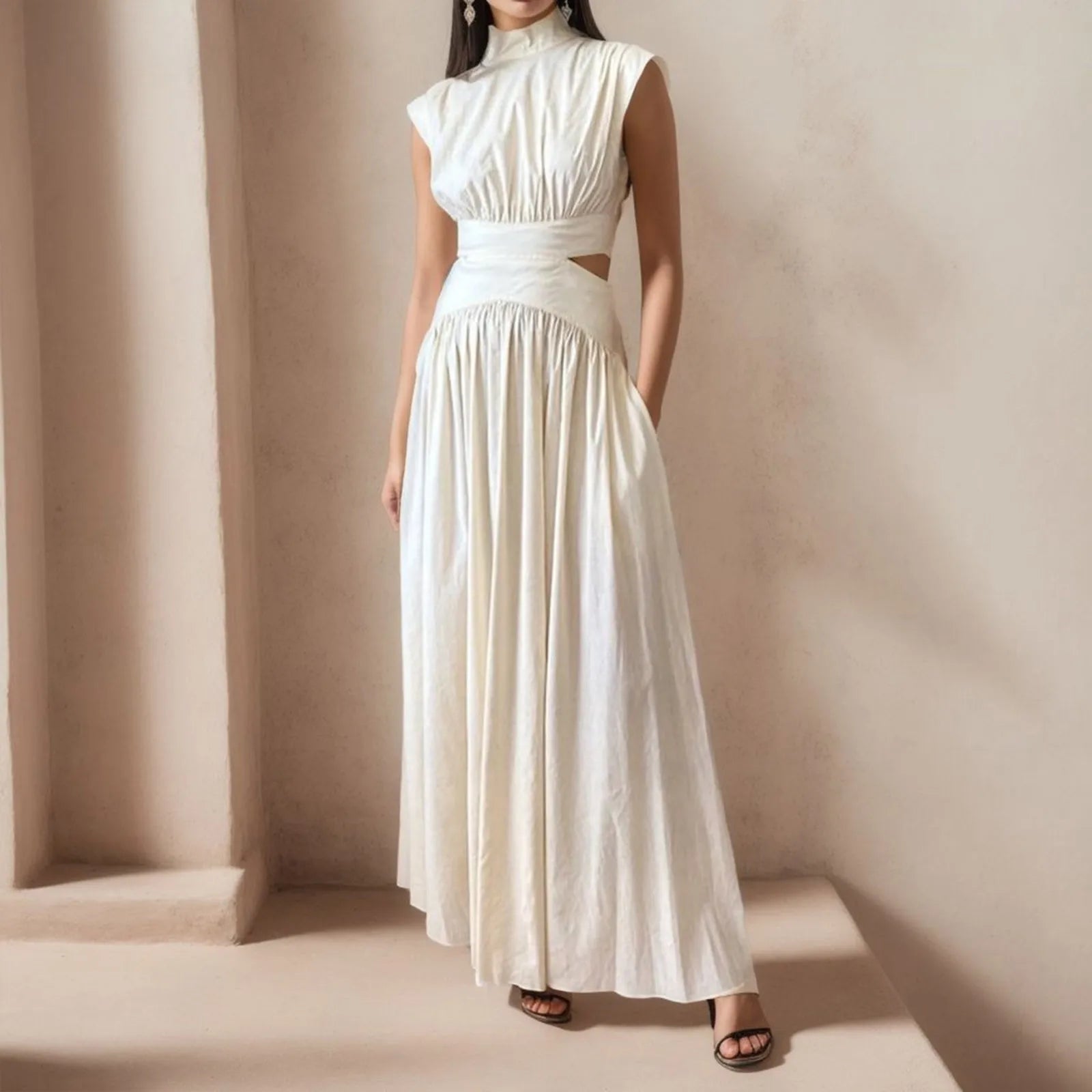 Soft Statin A Line Long Dresses Women High Waist Hollow Out A Line Prom Dresses Summer Sleeveless High Street Maxi Dress Vestido