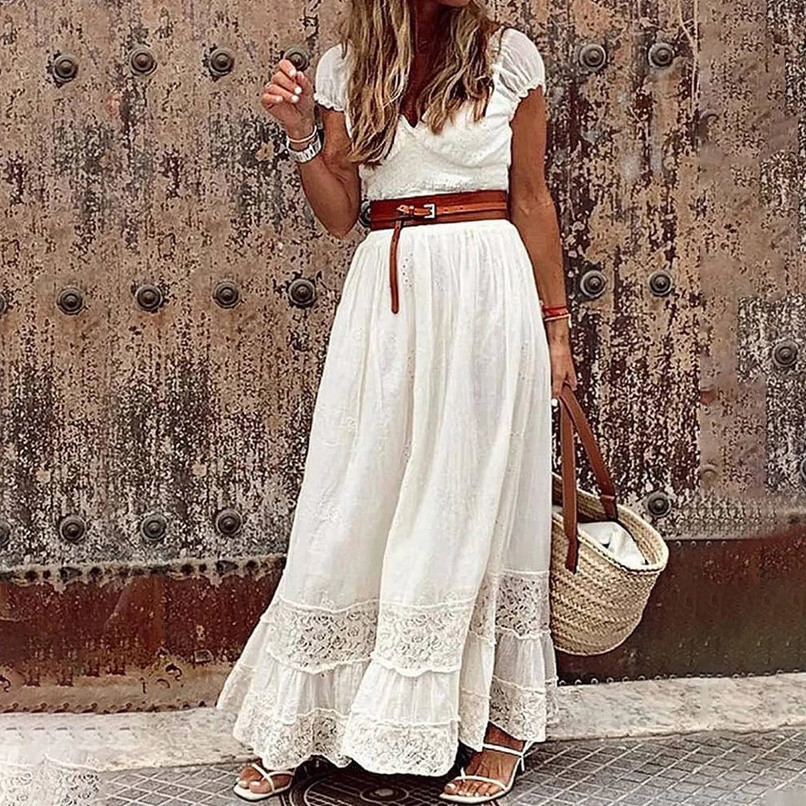 Elegant Lace White Dresses For Woman Bohemian Floral Embroidery Maxi Dresses With Belt Vintage Summer Sundress Streetwear Robe