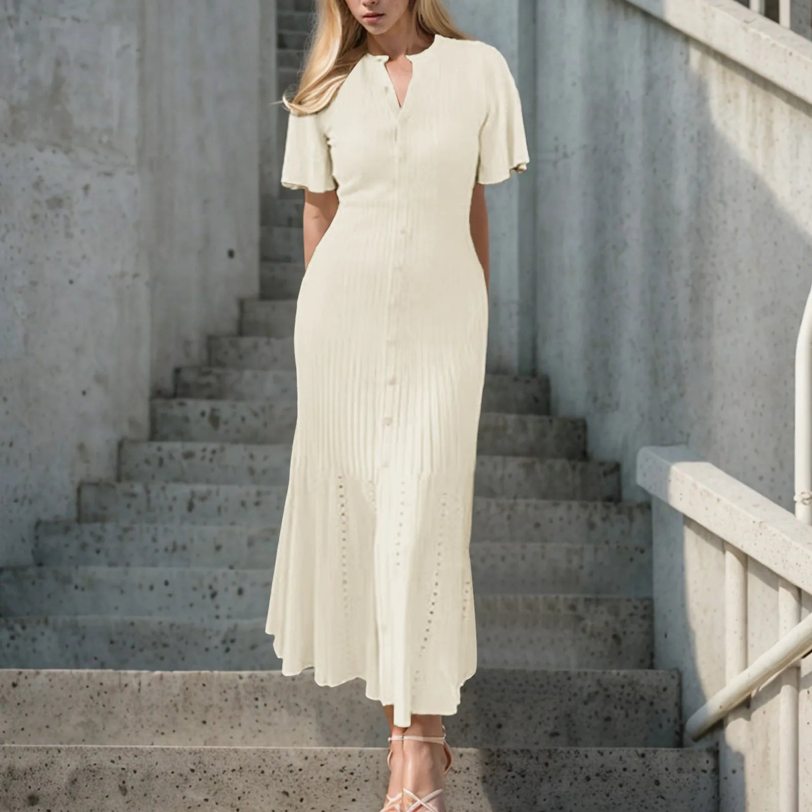 Elegant Sweater Dresses For Women Fall Winter Button Down Ruffles Solid Knitted Dresses Ladies Short Sleeve Knitted Sweaters