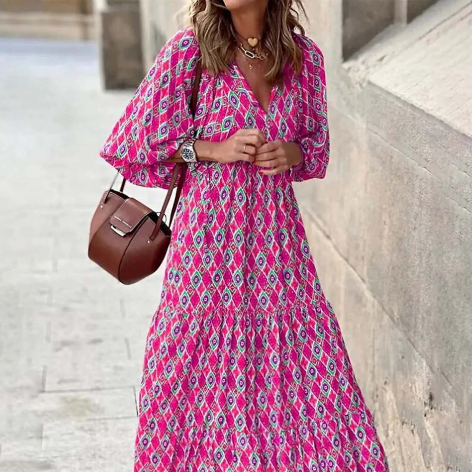 Women's Bohemian Maxi Dress Summer Floral Print Bell Sleeve Loose Flowy Dress Female Girls Holiday Long Dresses A Line Sundress