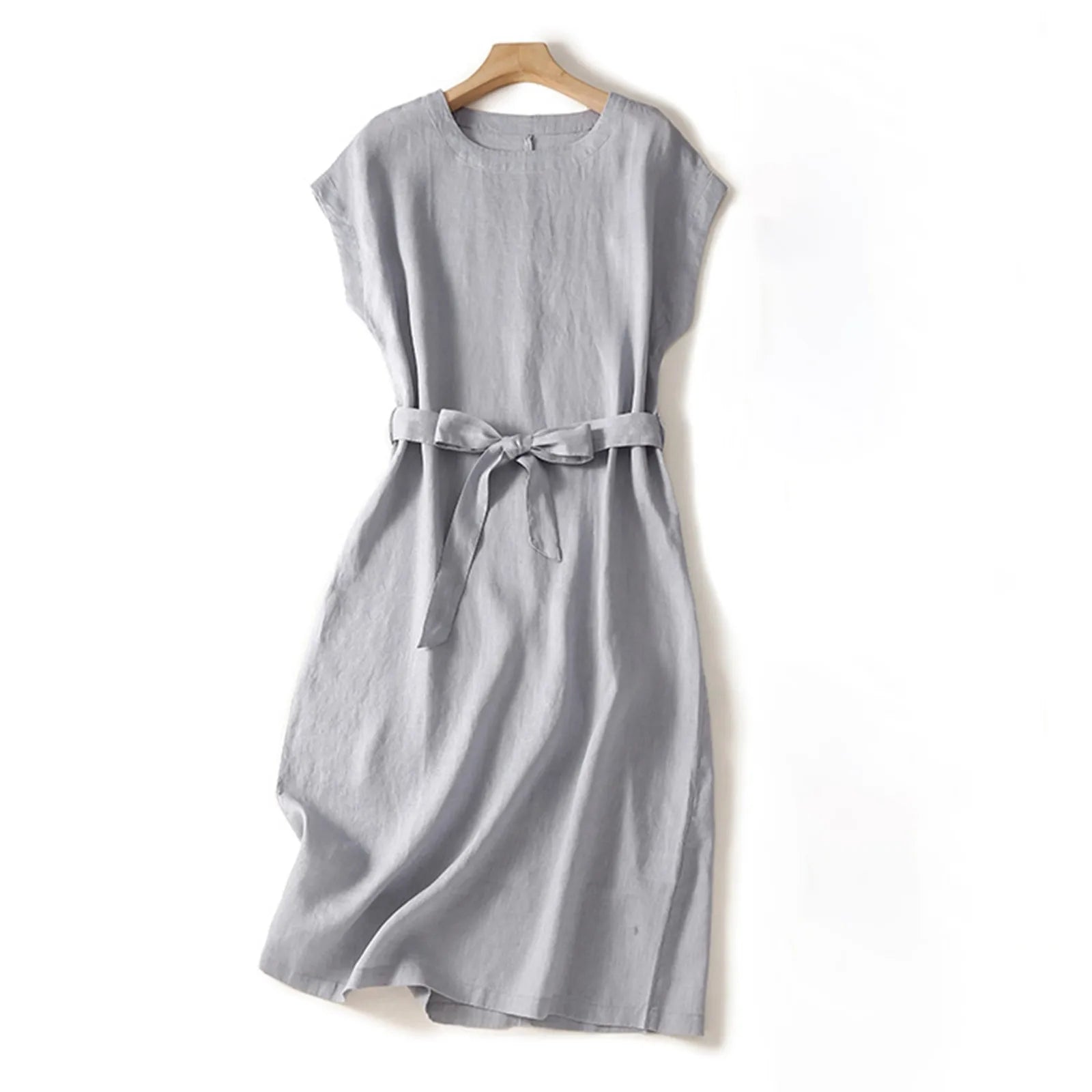 Summer Vintage Cotton Linen Simple Dresses Lace Up Waisted Short Sleeve Long Dresses Solid Color Dresses  For Women With Pockets
