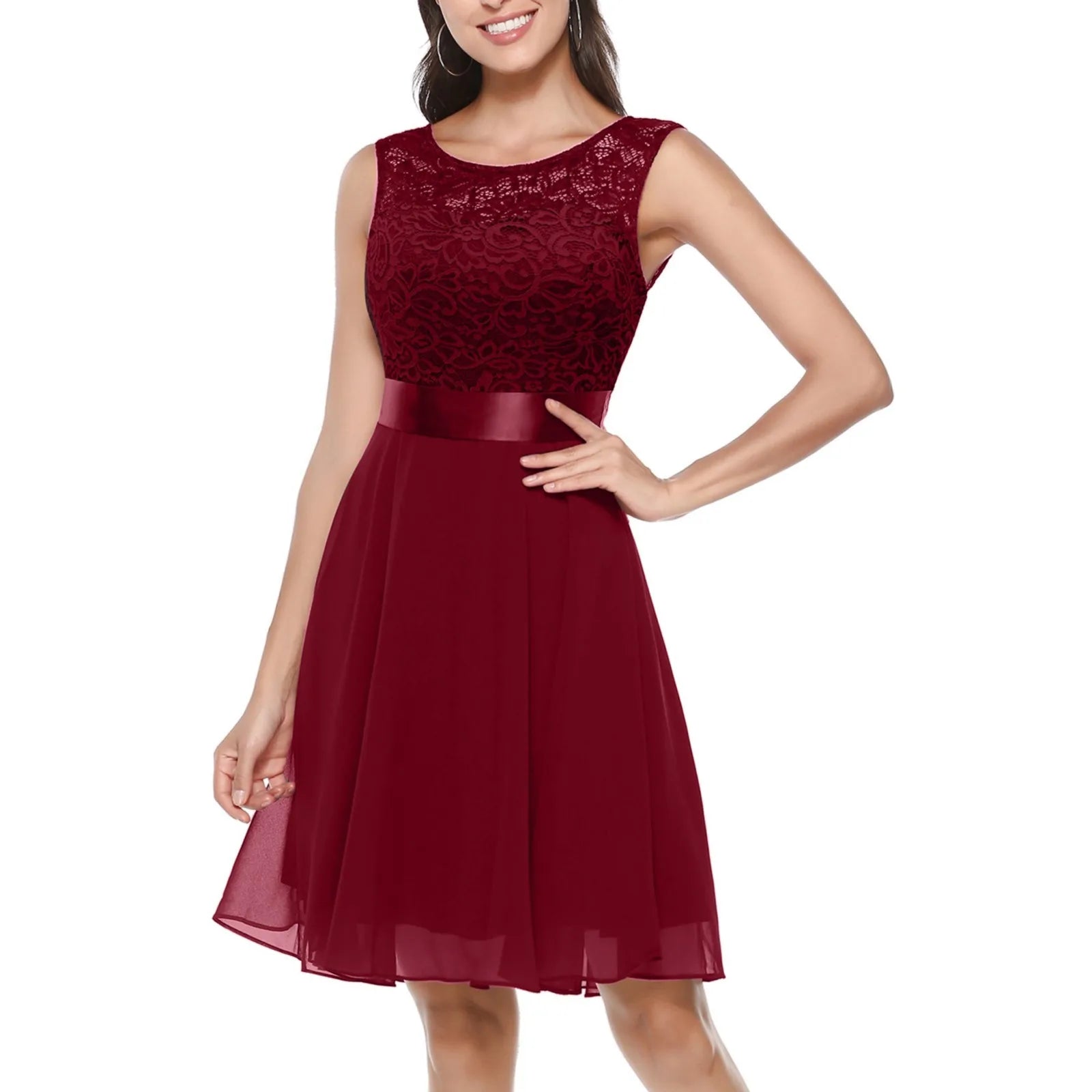 Women Floral Lace Vintage Bridesmaid Dresses Female Knee Length Red Evening Party Dress Women's A Line Gauze Midi Dress платье
