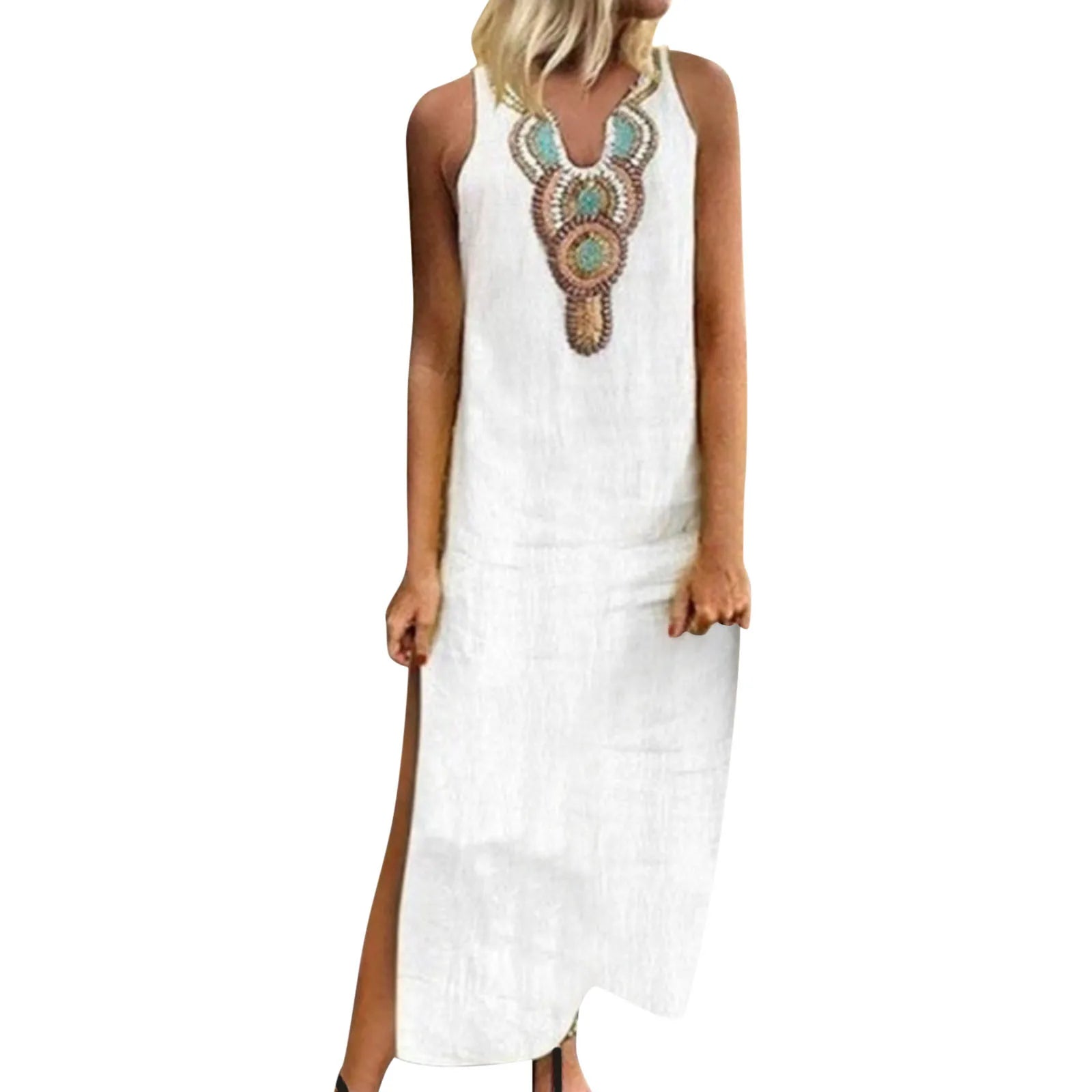 Summer Dresses For Women Loose Bohemian Floral Printed Sundress Casual Sleeveless Linen Long Maxi Dress For Women Robe Femme