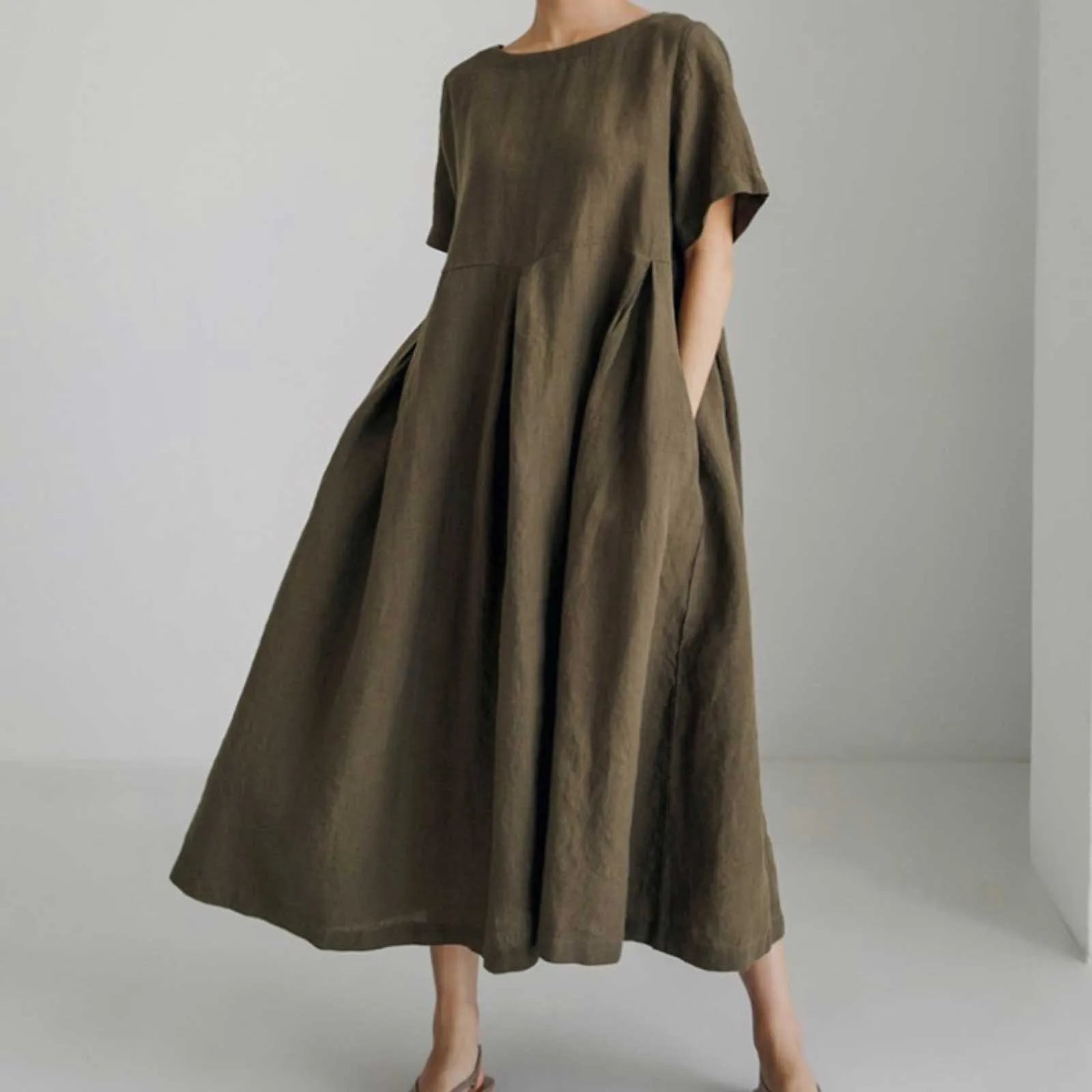 Women Oversized Shirt Long Dresses Loose Pullover O Neck Cotton Linen Maxi Dress Solid Color Ankle Length Pockets Sundress Robe